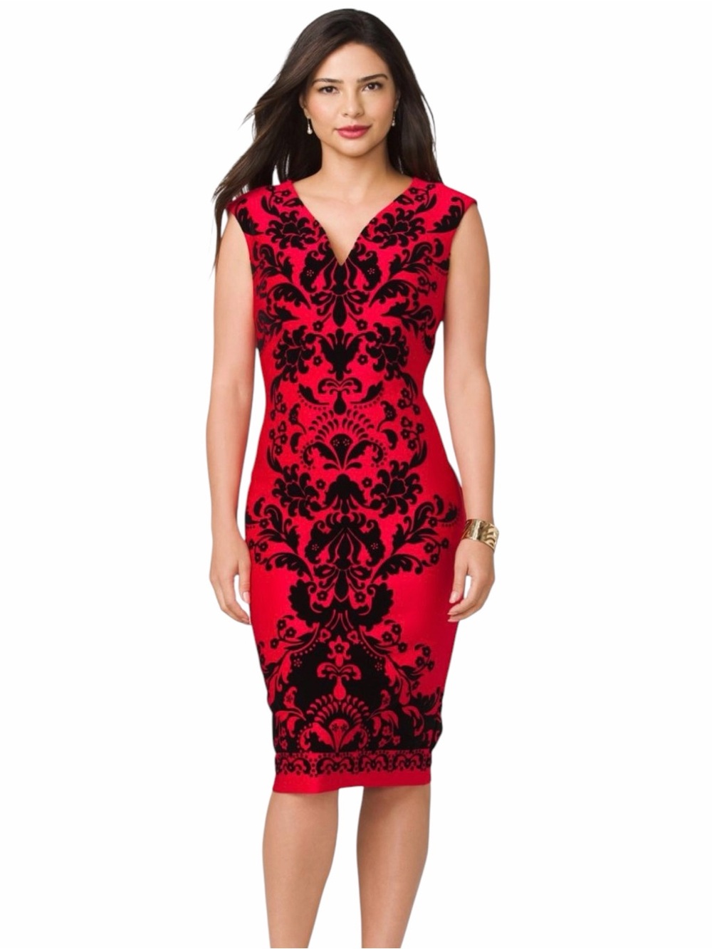 Beige by ECI Red Black Velvet Flocked Damask Midi Sheath Dress Medium